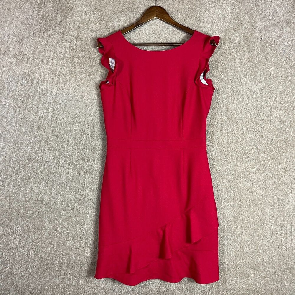 Brooks Brothers Sheath Dress Size 8 Red Career Flutter Sleeve Ruffled Wool Blend